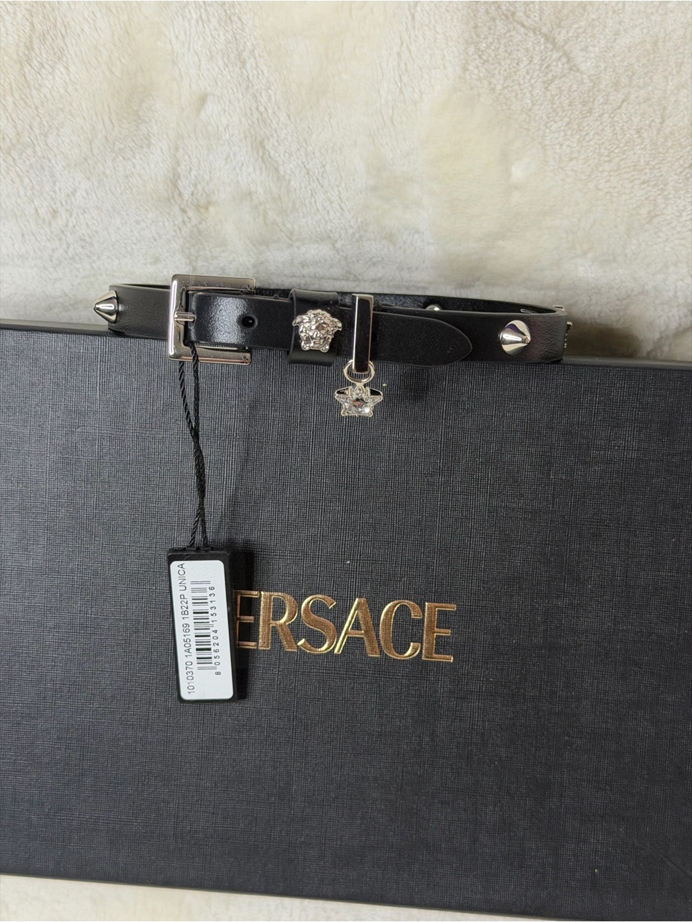 Versace Black Leather Studded Choker with Silver Medusa Charm - Picture 2 of 5